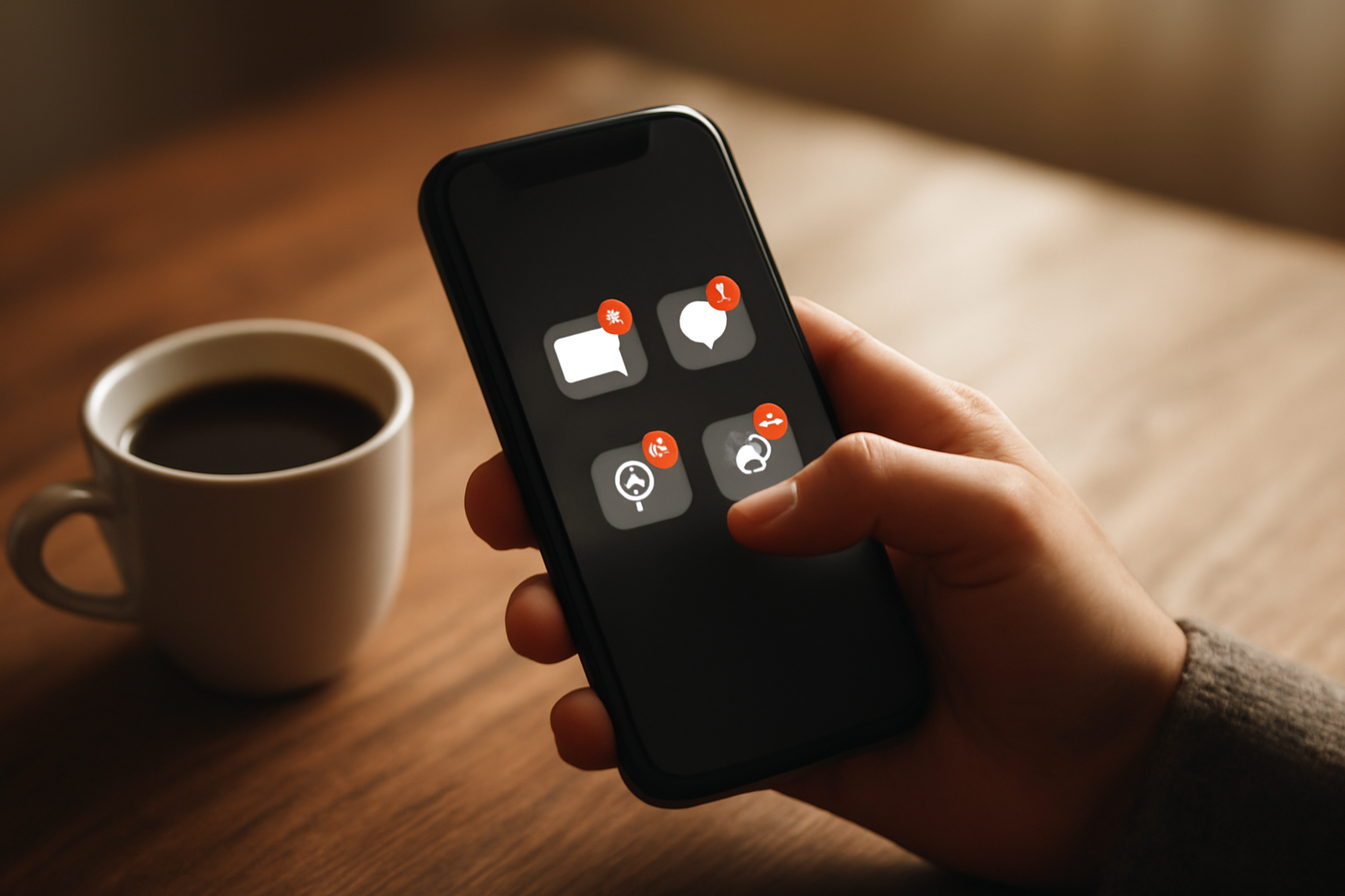 Seseorang mengatur notifikasi di smartphone di meja kayu dengan secangkir kopi.
